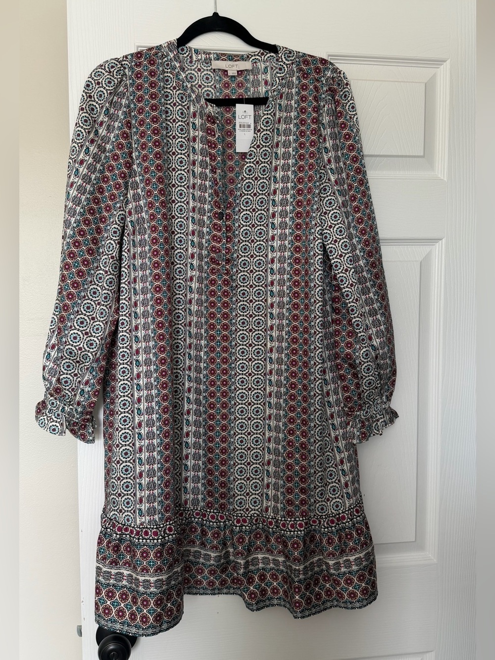 LOFT Long Sleeve Printed Shift Dress in White, Red, Blue